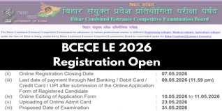 BCECE LE 2026 Registration Begins; Apply Till May 7, Exam Scheduled for May 31